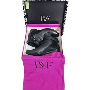 Diane Von Furstenberg Black‎ Leather Ankle Boots Designer Footwear Real Fur 7.5